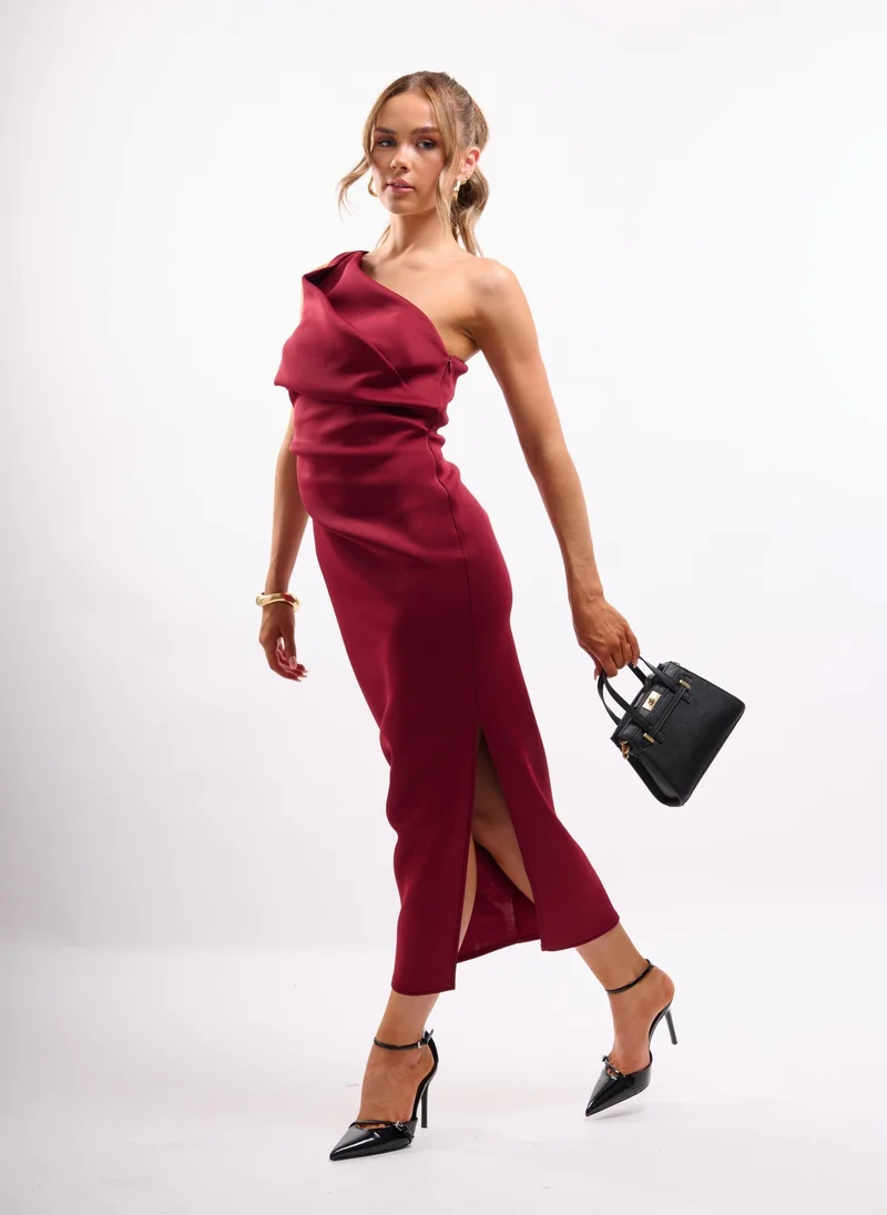 Faia burgundy Structured One Shoulder Midi Dress in Wine for Women | Best Price UAE