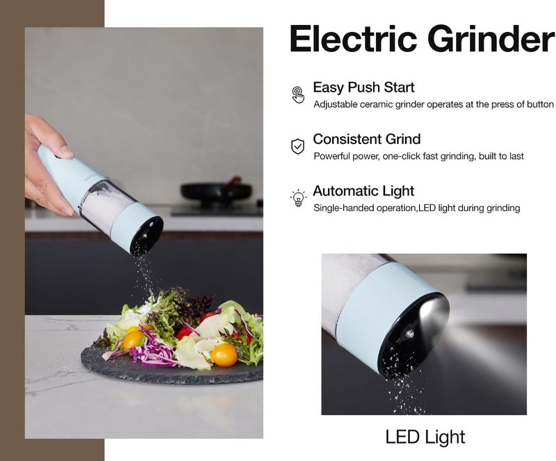 GORMODE Electric Pepper Grinder and Salt Mill Set - Large Capacity USB Rechargeable Automatic Grinder with Dual LED Lights, One-Handed Operation & Slide Cover - Brushed Stainless Steel - Image 2