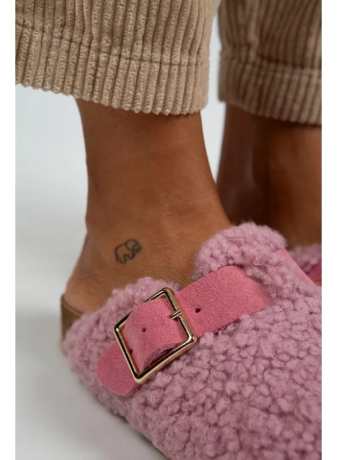 Manijero  Suzen Women's Textile Fur-Lined Genuine Leather Pink Slippers with Belt and Buckle - Pink for Women | Best Price UAE