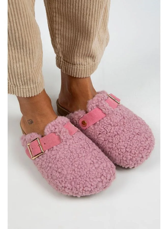 Manijero  Suzen Women's Textile Fur-Lined Genuine Leather Pink Slippers with Belt and Buckle - Pink for Women | Best Price UAE
