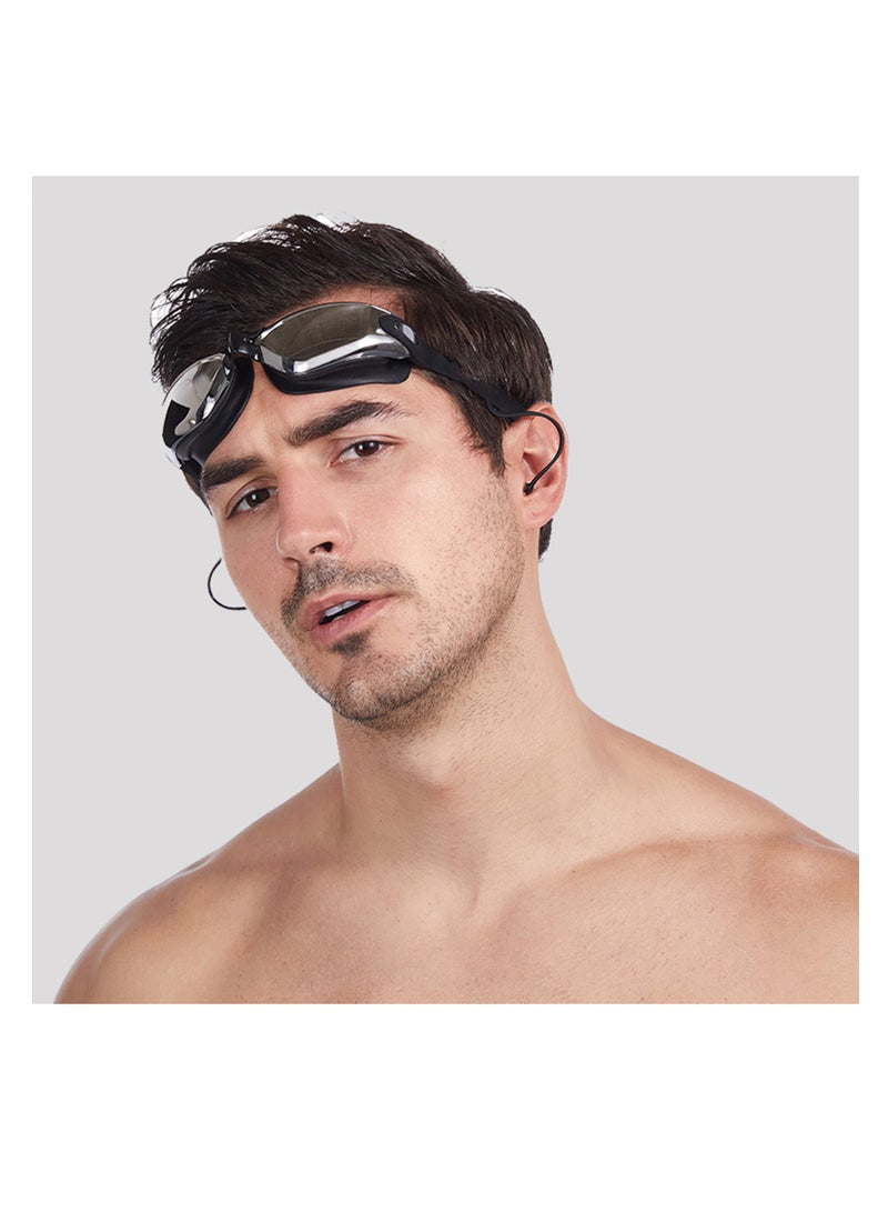 NOVOLAN Swimming Goggles 4 Set, Ear Plugs Nose Clip Clear Vision HD Waterproof and Anti-fog Swimming Glasses Men and Women Large Frame Electroplating Swim Goggles with Swimming Cap Set (Black) - Image 3
