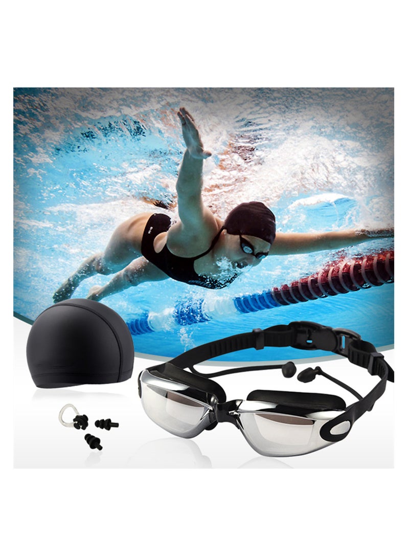 NOVOLAN Swimming Goggles 4 Set, Ear Plugs Nose Clip Clear Vision HD Waterproof and Anti-fog Swimming Glasses Men and Women Large Frame Electroplating Swim Goggles with Swimming Cap Set (Black) - Image 1