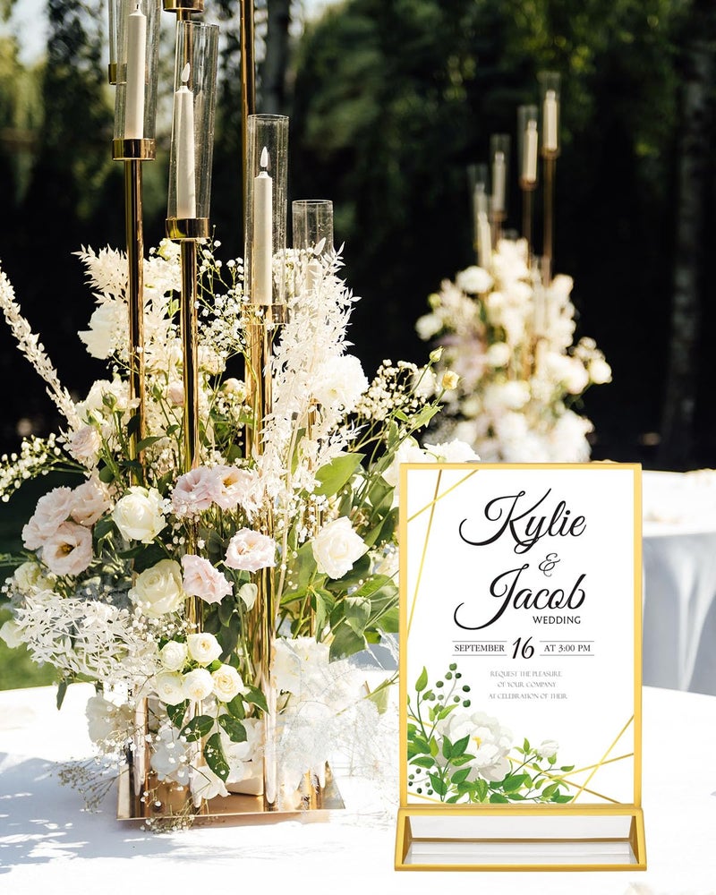 Alffun 12 Pack Gold Acrylic Sign Holders 4x6, Double Sided Vertical Stand Clear Picture Frame Stands, Menu Flyer Holder for Wedding Table Numbers, Restaurant Signs, Party and Office Photos - Image 2