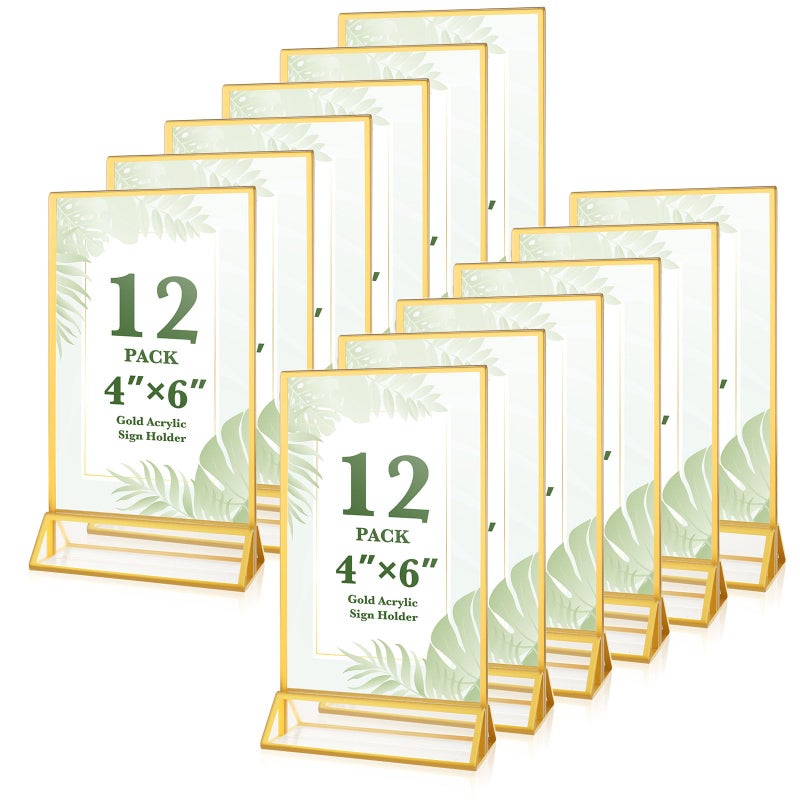 Alffun 12 Pack Gold Acrylic Sign Holders 4x6, Double Sided Vertical Stand Clear Picture Frame Stands, Menu Flyer Holder for Wedding Table Numbers, Restaurant Signs, Party and Office Photos - Image 1