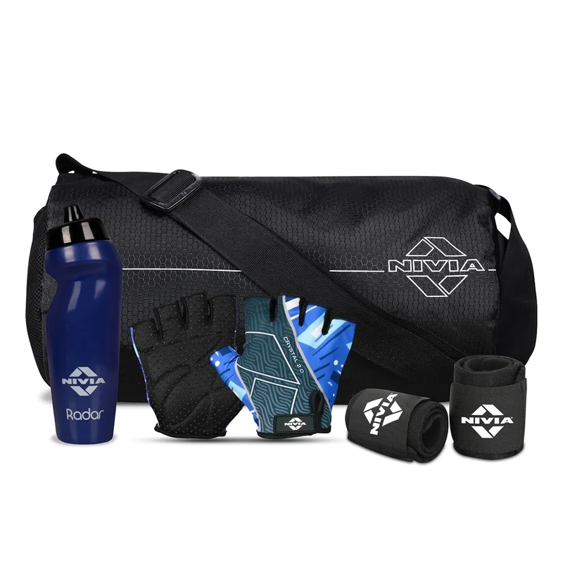 Nivia Basic Gym Combo for Men & Women - Includes Gym Bag, Gloves, Water Sipper, and Wrist Support