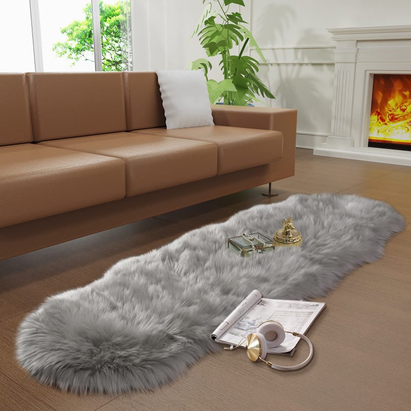 Tangsoo Faux Fur Rug for Bedroom, Gray Fluffy Rug Soft Sheepskin Runner Rug Sofa Couch Seat Cushion, 2x6ft Grey Plush Area Rug Shag Rugs Floor Carpets for Nursery Bedside, Cute Shaggy Fuzzy Home Decor - Image 2