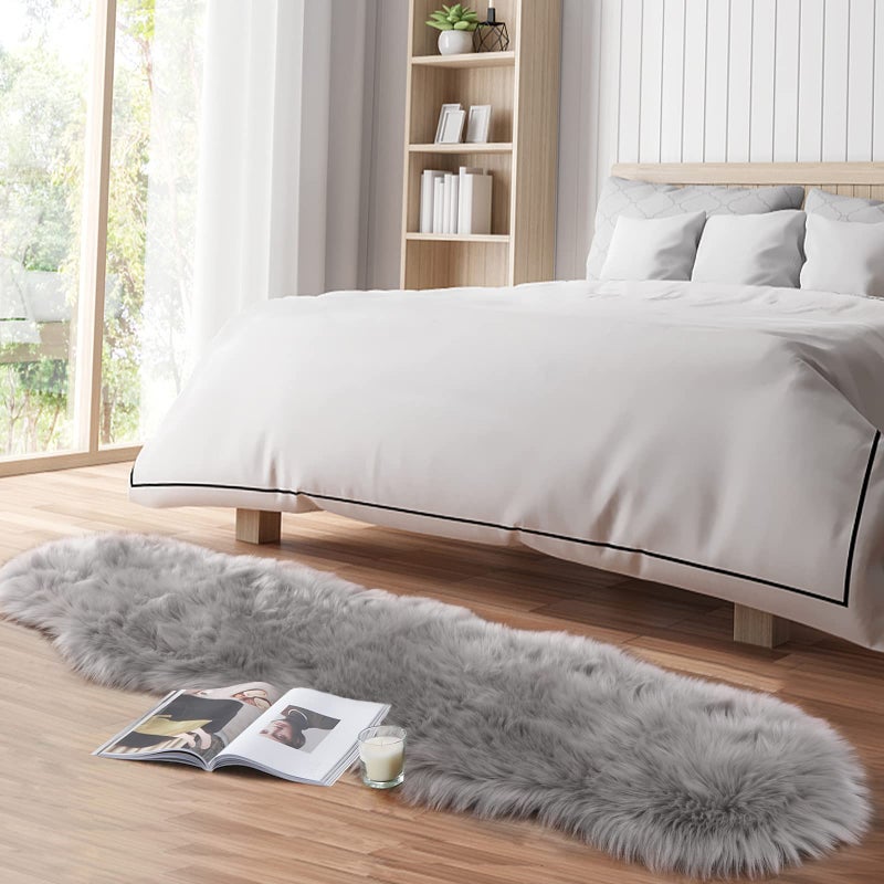 Tangsoo Faux Fur Rug for Bedroom, Gray Fluffy Rug Soft Sheepskin Runner Rug Sofa Couch Seat Cushion, 2x6ft Grey Plush Area Rug Shag Rugs Floor Carpets for Nursery Bedside, Cute Shaggy Fuzzy Home Decor - Image 3
