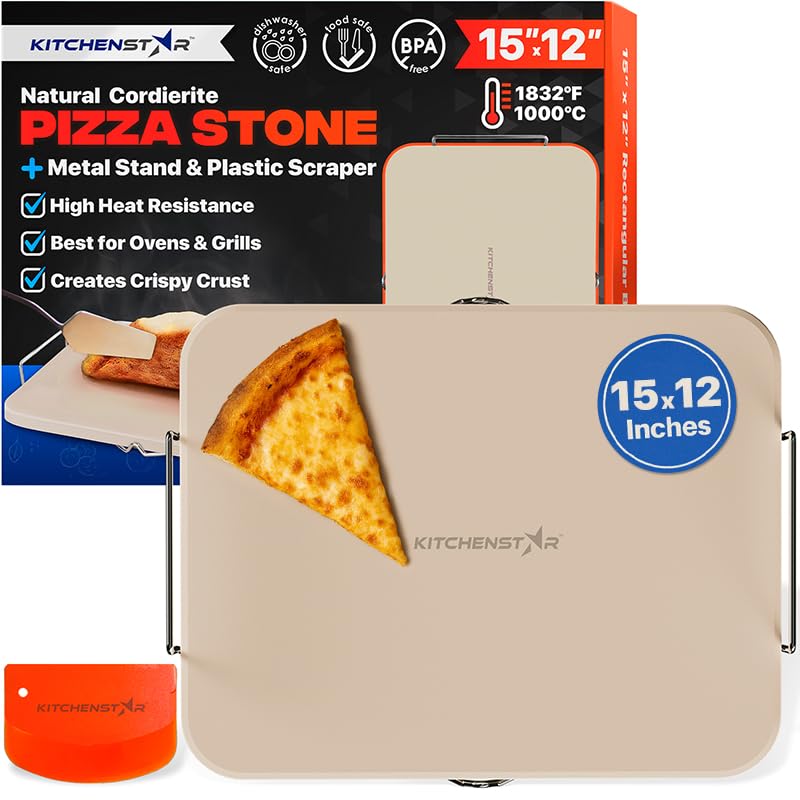 KitchenStar 15x12inch Pizza Stone for Oven BBQ Grill with Handles Rectangular 58 Thick Natural Cordierite 1800F Resistant Baking Stone Set with Stainless Steel Rack Plastic Scraper Tool