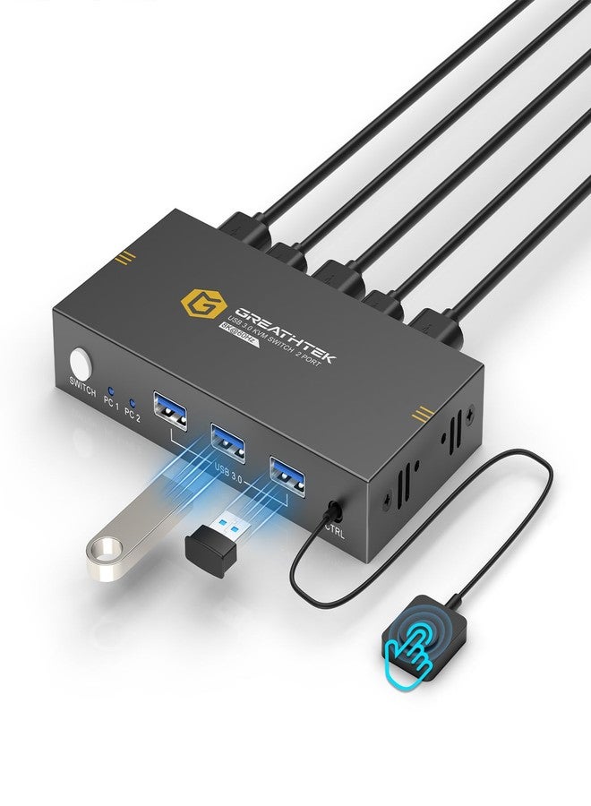 GREATHTEK Kvm Switches 2 Port 8K@60Hz, Kvm Switch Hdmi Share Usb Devices with 3 Usb3.0 Hubs, 2 Computers 1 Monitor Share Keyboard Mouse Printer, Button Switch Remote Control Me - Image 1