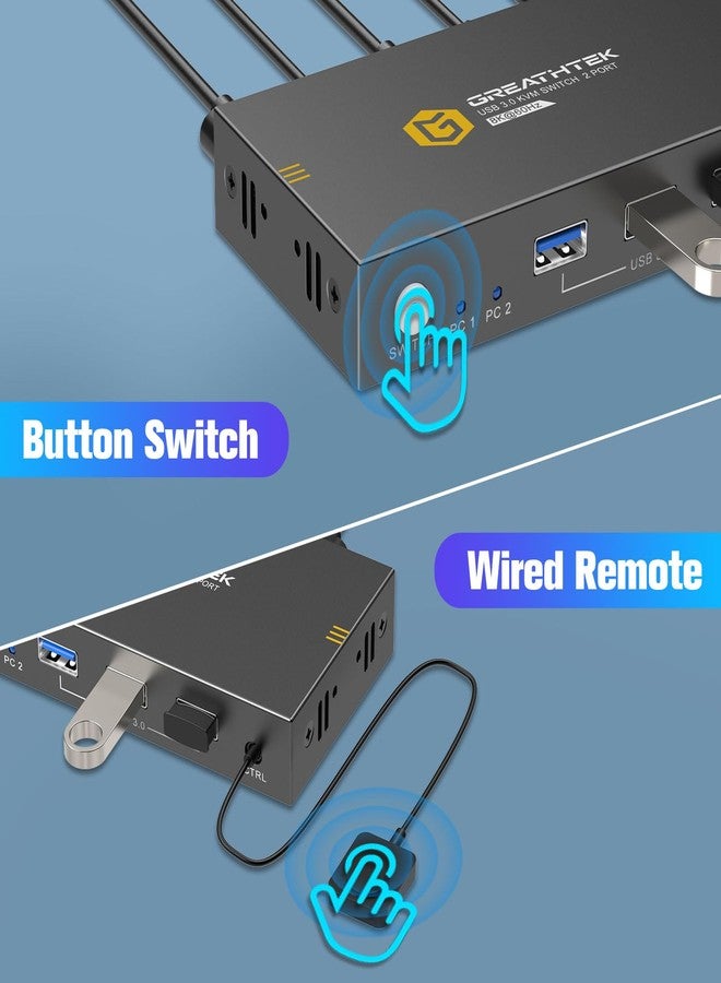 GREATHTEK Kvm Switches 2 Port 8K@60Hz, Kvm Switch Hdmi Share Usb Devices with 3 Usb3.0 Hubs, 2 Computers 1 Monitor Share Keyboard Mouse Printer, Button Switch Remote Control Me - Image 5