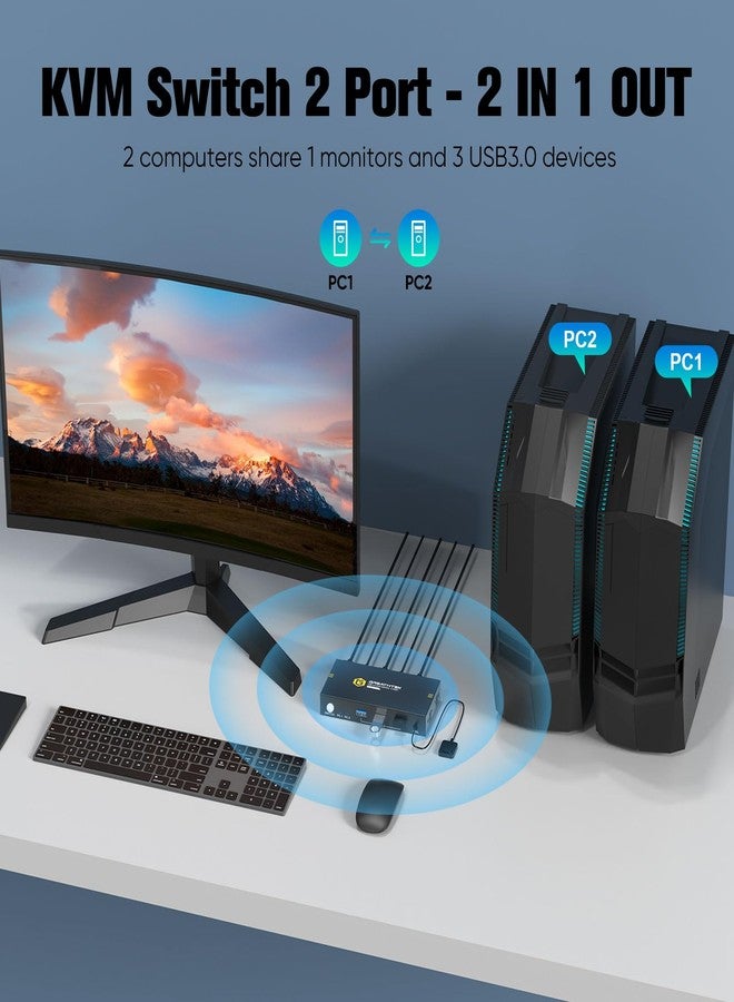 GREATHTEK Kvm Switches 2 Port 8K@60Hz, Kvm Switch Hdmi Share Usb Devices with 3 Usb3.0 Hubs, 2 Computers 1 Monitor Share Keyboard Mouse Printer, Button Switch Remote Control Me - Image 2
