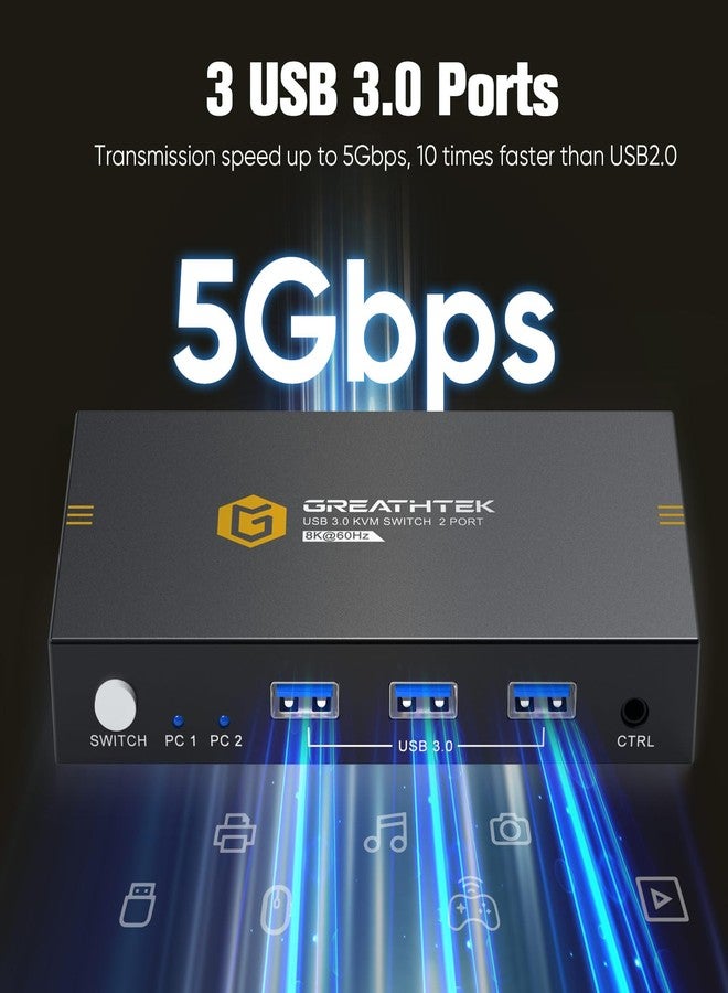 GREATHTEK Kvm Switches 2 Port 8K@60Hz, Kvm Switch Hdmi Share Usb Devices with 3 Usb3.0 Hubs, 2 Computers 1 Monitor Share Keyboard Mouse Printer, Button Switch Remote Control Me - Image 4