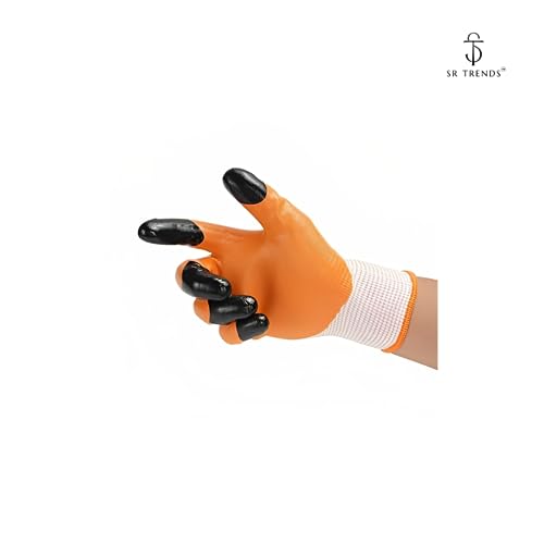 SR TRENDS Safety Gloves - Nylon Nitrile Coated Industrial & Home Cut Resistant Hand Gloves (ORANGE/BLK (DOUBLE COATED), PACK OF 10 PAIRS) - Image 3