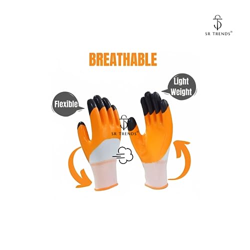 SR TRENDS Safety Gloves - Nylon Nitrile Coated Industrial & Home Cut Resistant Hand Gloves (ORANGE/BLK (DOUBLE COATED), PACK OF 10 PAIRS) - Image 2