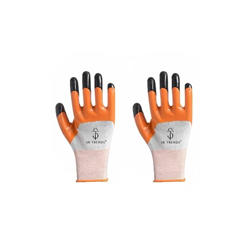 SR TRENDS Safety Gloves - Nylon Nitrile Coated Industrial & Home Cut Resistant Hand Gloves (ORANGE/BLK (DOUBLE COATED), PACK OF 10 PAIRS) - Image 1