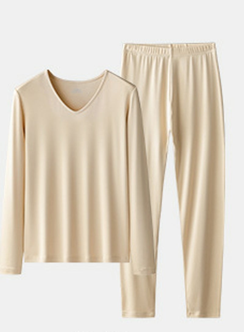 Loquat Womens Solid Color Thin Seamless Long Johns And V-Neck Thermal Underwear Set 2 Piece Base Layer Set for Women Beige 