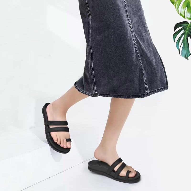 KuaiLu Womens Slides Sandals with Plantar Fasciitis Arch Support Fashion Comfort Adjustable Flat Sandals Ladies Lightweight Orthotic Slip on Sandals Black Size 7 - Image 2