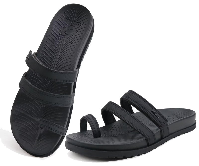 KuaiLu Womens Slides Sandals with Plantar Fasciitis Arch Support Fashion Comfort Adjustable Flat Sandals Ladies Lightweight Orthotic Slip on Sandals Black Size 7 - Image 1