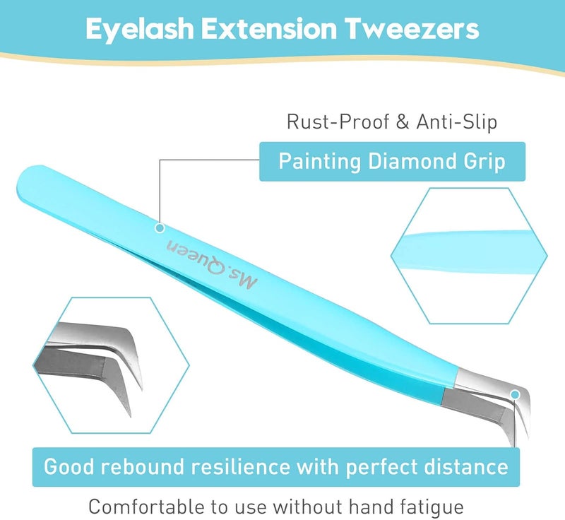 Ms.Queen Volume Lash Tweezers, Fiber Grip L-Angled Tips Boot Tweezers for Mega Volume Eyelash Extensions, Blue - Image 4