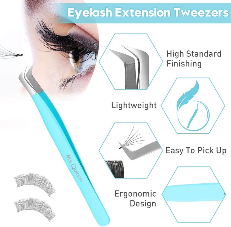 Ms.Queen Volume Lash Tweezers, Fiber Grip L-Angled Tips Boot Tweezers for Mega Volume Eyelash Extensions, Blue - Image 3