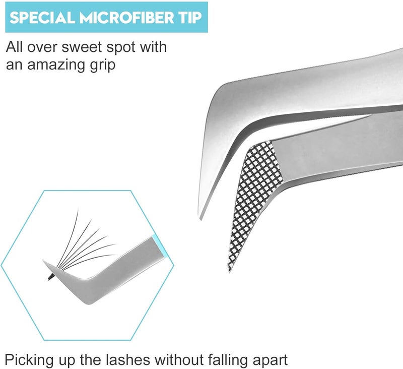 Ms.Queen Volume Lash Tweezers, Fiber Grip L-Angled Tips Boot Tweezers for Mega Volume Eyelash Extensions, Blue - Image 2
