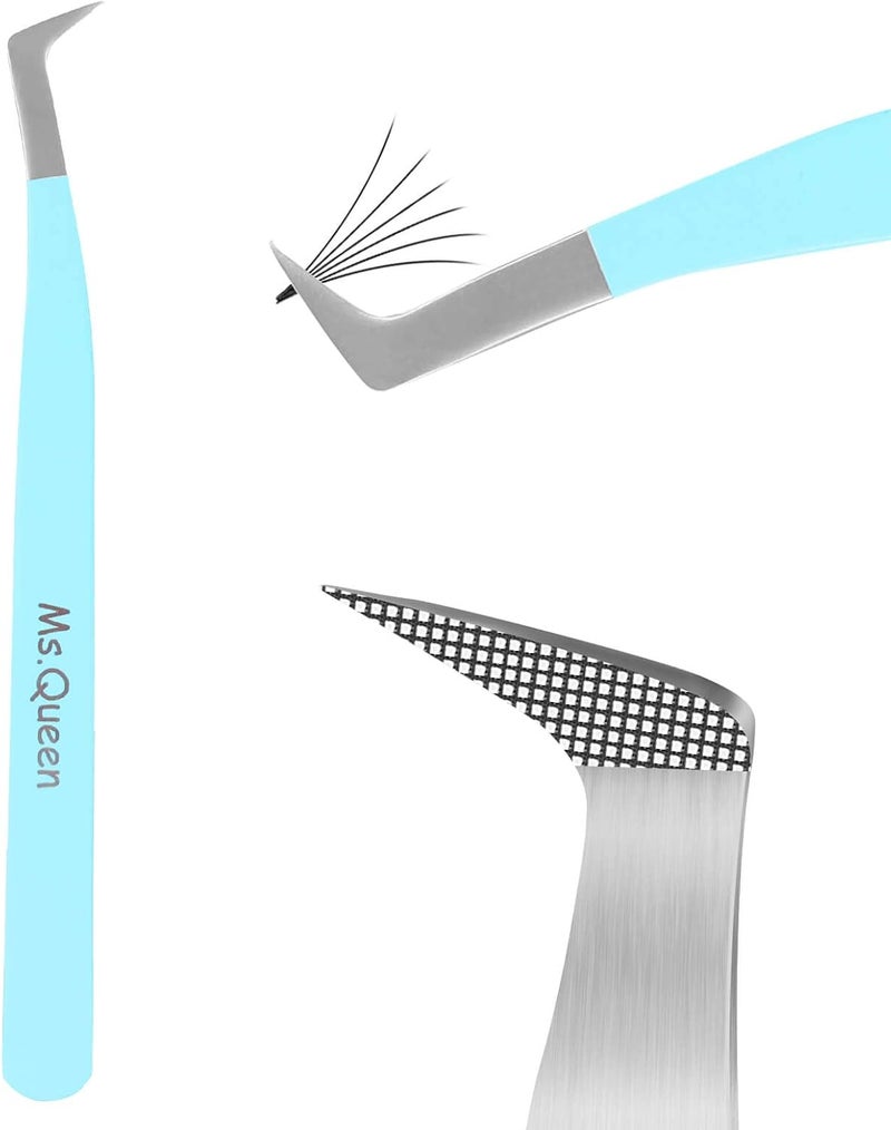 Ms.Queen Volume Lash Tweezers, Fiber Grip L-Angled Tips Boot Tweezers for Mega Volume Eyelash Extensions, Blue - Image 1