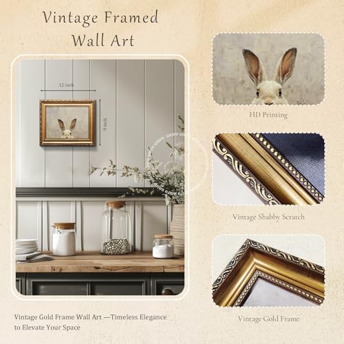 Uniro Vintage Gold Framed Wall Art Easter Bunny Wall Art Decor Neutral Rabbit Canvas Oil Painting Poster for Rustic Easter Dcor Vintage Home Decor Animals Artwork Prints Wall Decor for Kids Room Living Room Bedroom or Festive Spaces 9x12inch - Image 3