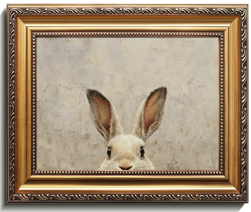 Uniro Vintage Gold Framed Wall Art Easter Bunny Wall Art Decor Neutral Rabbit Canvas Oil Painting Poster for Rustic Easter Dcor Vintage Home Decor Animals Artwork Prints Wall Decor for Kids Room Living Room Bedroom or Festive Spaces 9x12inch - Image 2