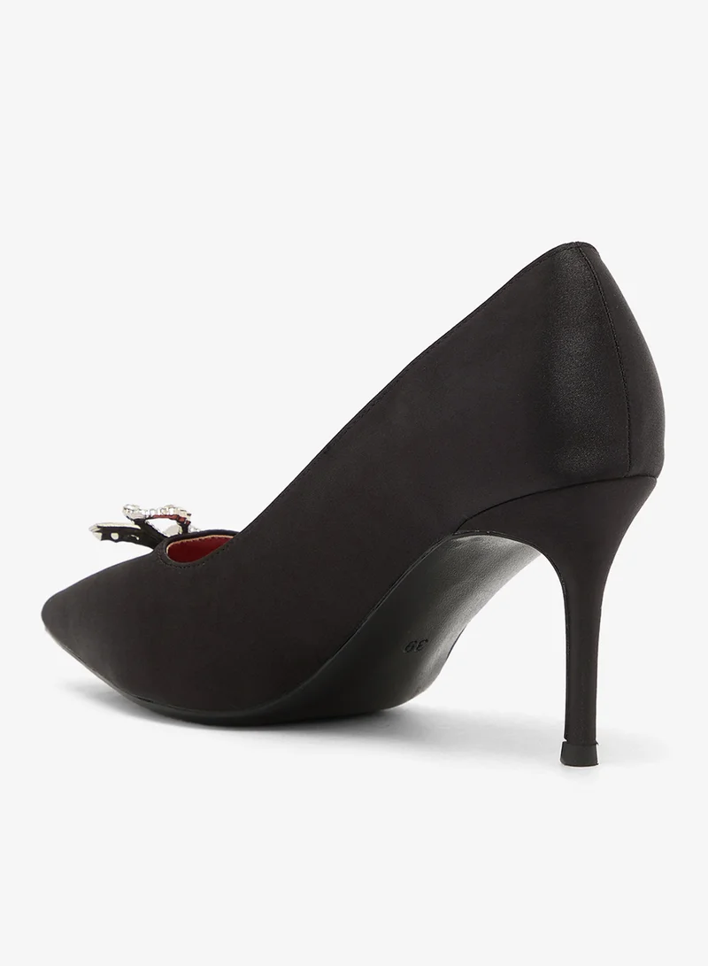 Ella Limited Edition Black Mid Heel Rhinestone Embellished Bow Detail Pumps for Women | Best Price UAE