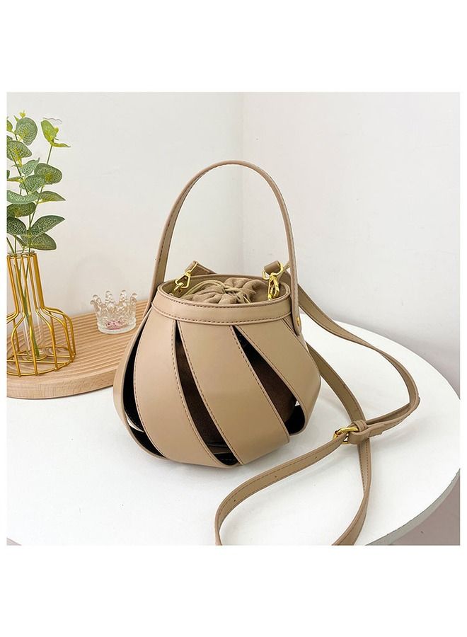 2022 stylish Bucket shape handbag and shoulder bag for women with drawstring closure single compartment super fashionable golden hardware and made of PU leather  - Image 3
