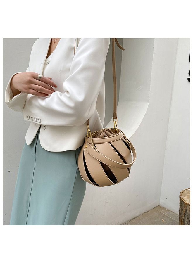 2022 stylish Bucket shape handbag and shoulder bag for women with drawstring closure single compartment super fashionable golden hardware and made of PU leather  - Image 2
