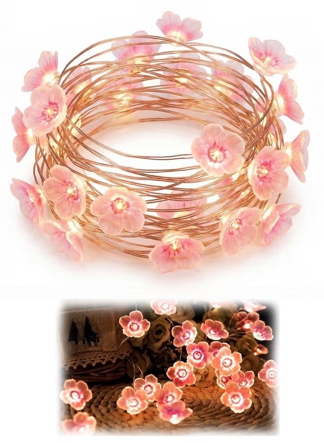 سلسلة أضواء زينة (Fairy Lights) بطول مترين، تضم 20 مصباح LED على شكل أزهار الكرز الوردي. تعمل بالبطارية، وهي مثالية لتزيين غرف النوم، وديكورات الربيع وعيد الميلاد (الكريسماس) الداخلية، وتُعد هدية رائعة لغرف الفتيات. تتميز بتصميم جذاب وأنيق، كما أنها متينة وعملية. - Image 1