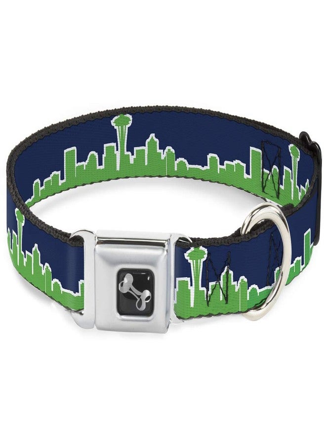 Buckle Down Dog Collar Seatbelt Buckle Seattle Skyline Navy Bright Green 15 to 26 Inches 1.0 Inch Wide - Image 1
