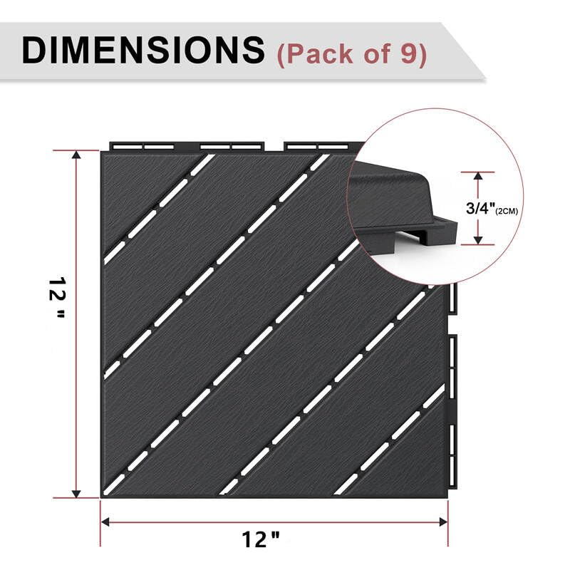 VANCASTLE 9 Pack Interlocking Deck Tiles, 12"x12" Patio Pavers, Heavy Duty Plastic Outdoor Flooring with Drainage, Waterproof Non-Slip Snap-Together Tiles for Balcony, Poolside, Garage, Dark Grey - Image 5