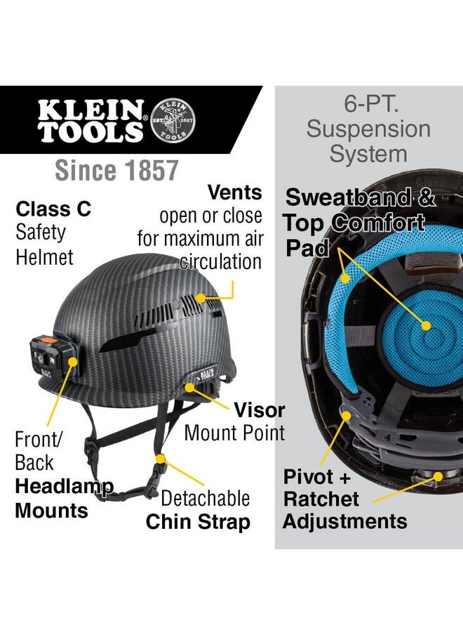 كلاين تولز خوذة أمان Klein Tools 60517، فئة C مزودة بفتحات تهوية، مزودة بمصباح قابل لإعادة الشحن وحزام ذقن، بنمط KARBN فاخر، وفتحات تهوية قابلة للتعديل  - Image 2