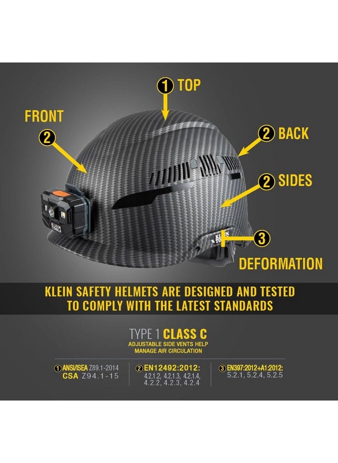 كلاين تولز خوذة أمان Klein Tools 60517، فئة C مزودة بفتحات تهوية، مزودة بمصباح قابل لإعادة الشحن وحزام ذقن، بنمط KARBN فاخر، وفتحات تهوية قابلة للتعديل  - Image 1