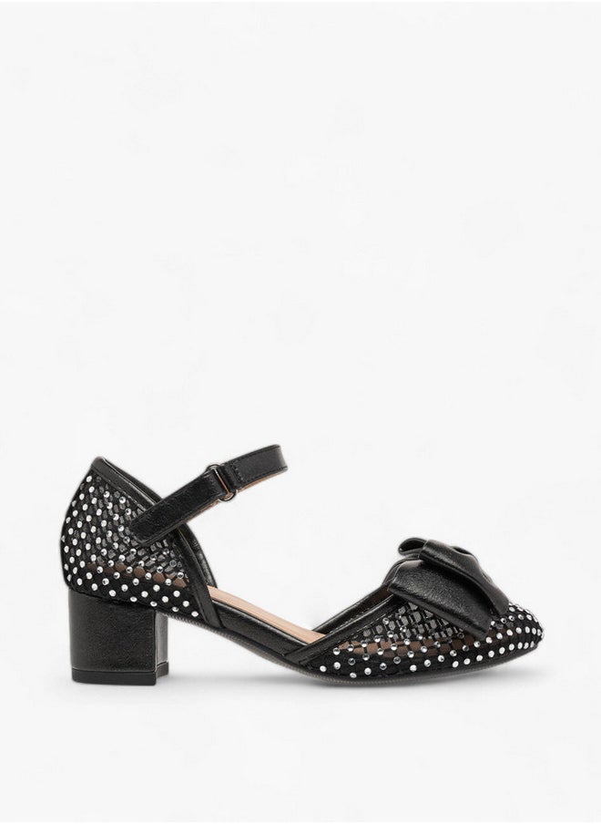 Celeste Girls Bow Accent Block Heel Shoes with Hook and Loop Closure  - Image 3