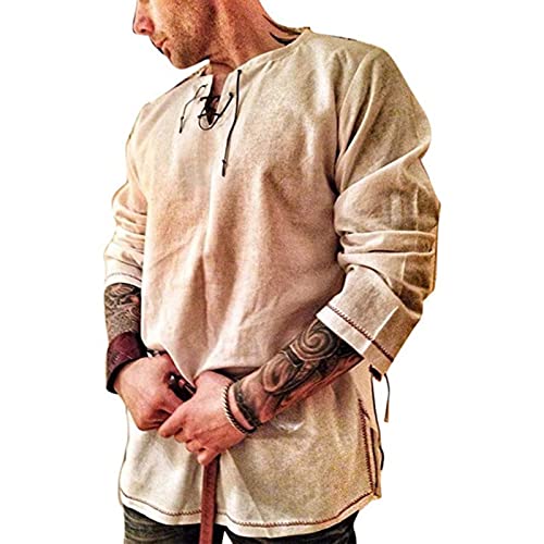 Rela Bota Men's Fashion Cotton Linen Shirt Long Sleeve Solid Color Ethnic Beach Yoga Top Solid Khaki XL - Image 1