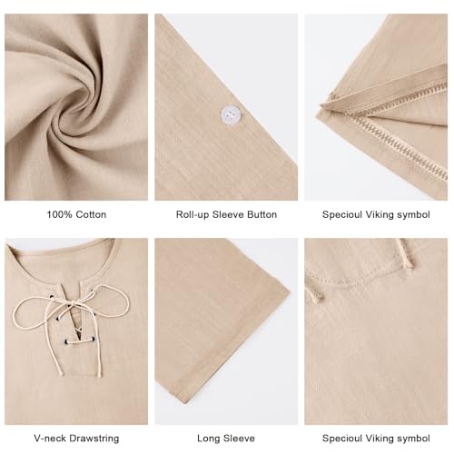 Rela Bota Men's Fashion Cotton Linen Shirt Long Sleeve Solid Color Ethnic Beach Yoga Top Solid Khaki XL - Image 4