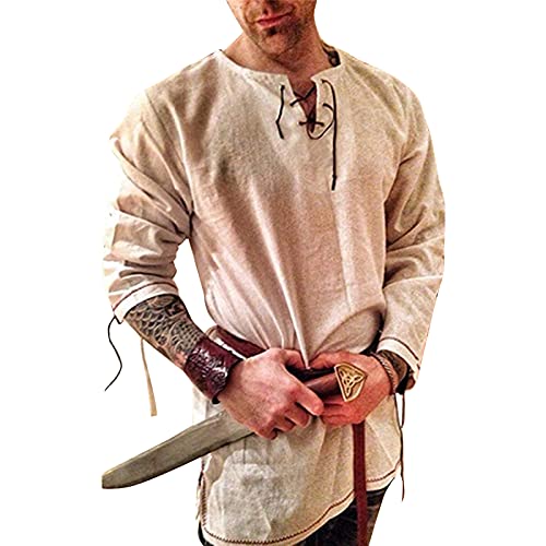 Rela Bota Men's Fashion Cotton Linen Shirt Long Sleeve Solid Color Ethnic Beach Yoga Top Solid Khaki XL - Image 2