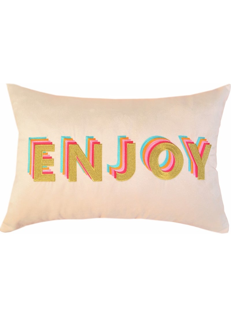 Ge Living Enjoy Patterned Cream Velvet Decorative Cushion Cover (35 cm x 50 cm) 