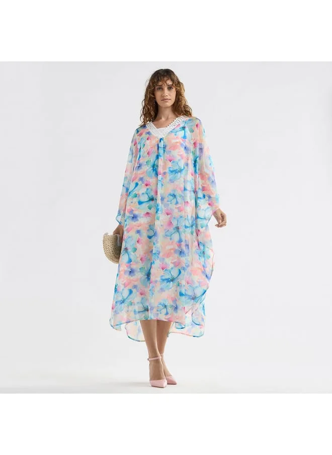 FAV Floral Midi Kaftan Dress with Long Sleeves and Lace Detail