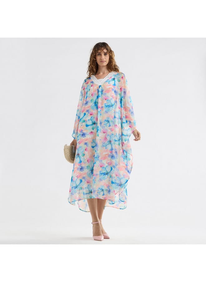 Splash FAV Floral Midi Kaftan Dress with Long Sleeves and Lace Detail - Image 1