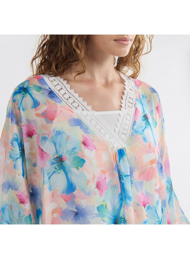 Splash FAV Floral Midi Kaftan Dress with Long Sleeves and Lace Detail - Image 4