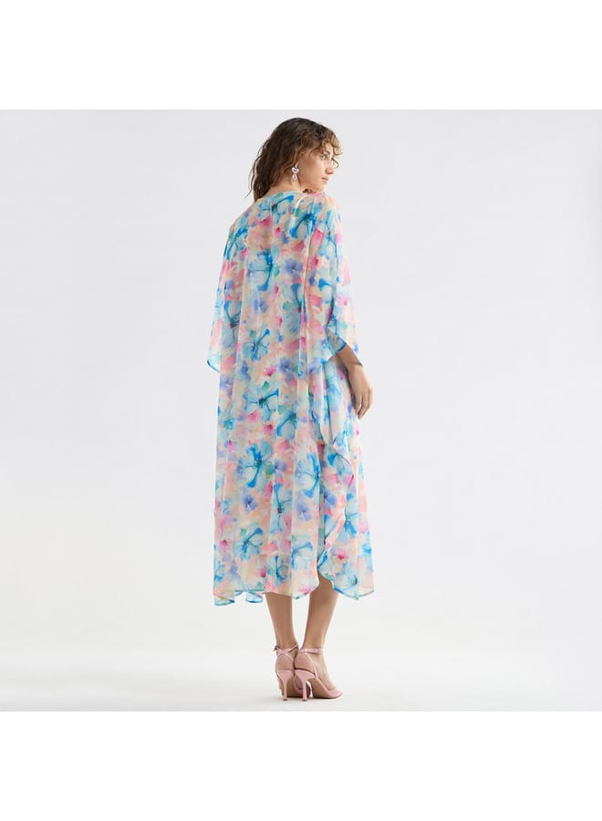Splash FAV Floral Midi Kaftan Dress with Long Sleeves and Lace Detail - Image 3