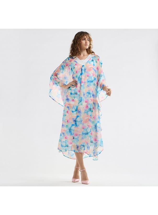 Splash FAV Floral Midi Kaftan Dress with Long Sleeves and Lace Detail - Image 2