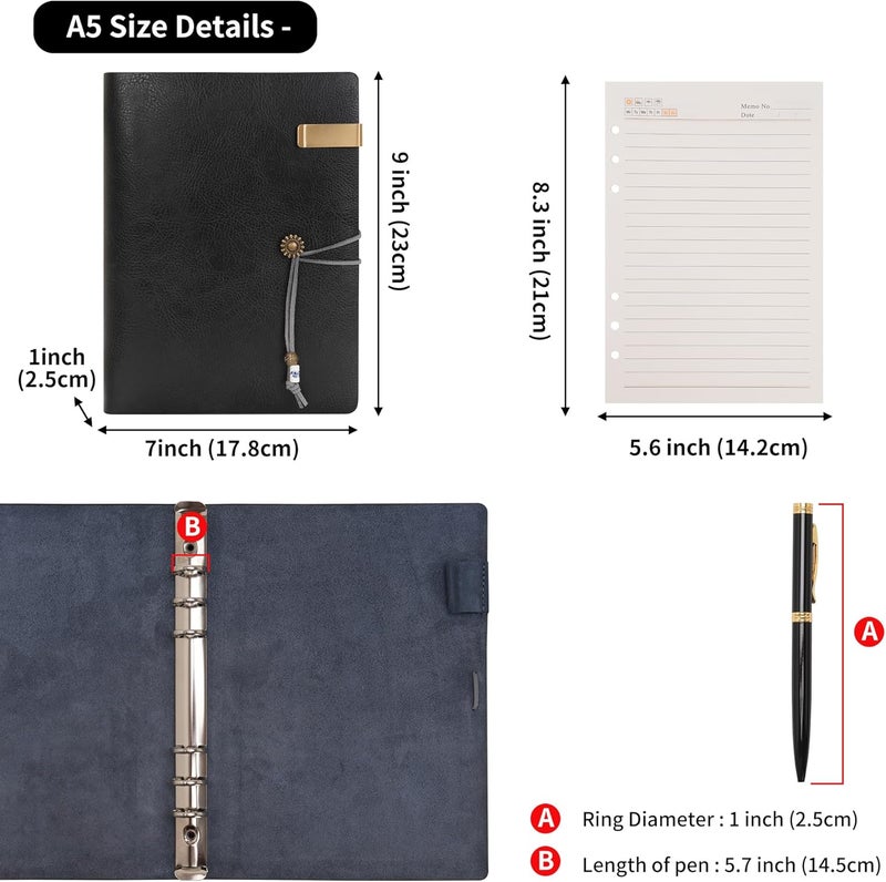 WONDERPOOL Leather Diary Notebook Ring Binder - Refillable Folder Writing Paper Spiral Business Notepads Vintage Cover for Office Plan Travel Organiser (B-Black, A5) - Image 5