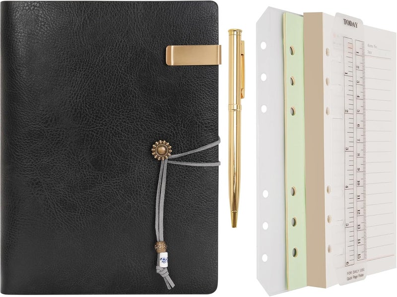 WONDERPOOL Leather Diary Notebook Ring Binder - Refillable Folder Writing Paper Spiral Business Notepads Vintage Cover for Office Plan Travel Organiser (B-Black, A5) - Image 1