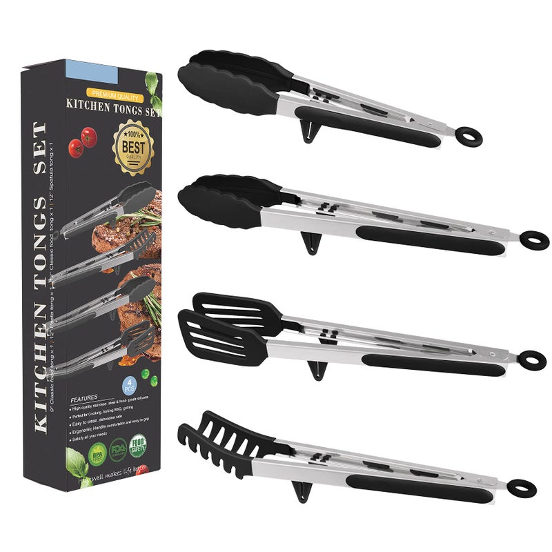 4in1 Stainless Steel Kitchen Food Tongs Set for Cooking with Silicone Tips Toaster Steak Pie Pizza Pasta Spaghetti Noodles Salad Fruit Vegetable Grill BBQ Buffet Clamp Serving Tools Gadgets