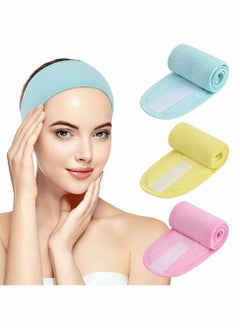 Spa Facial Headband, Self Adhesive Tape Head Wrap Makeup Shower Bath Sports Wrap Terry Cloth Adjustable Stretch Towel for Women Face Washing Shower Sports Yoga, 3 Color, Tatal 6 Pcs